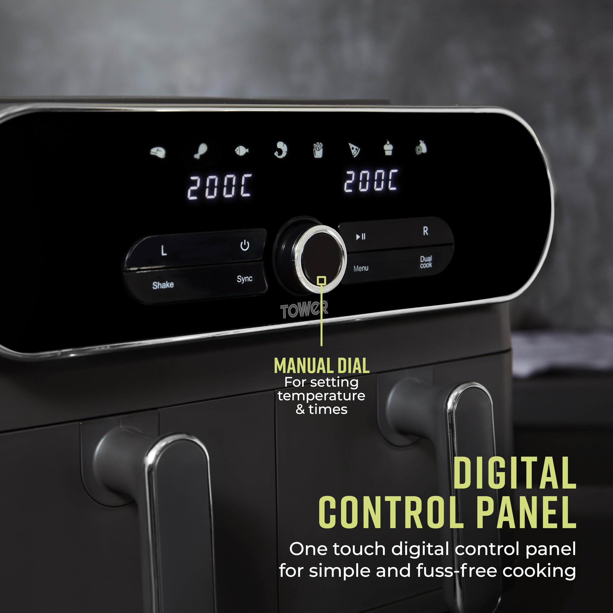 Tower T17190GRP Vortx XL Dual Stack Air Fryer with Digital Control Panel, Space Saving Design, 6 Preset Cooking Modes, Match Cook & Smart Finish Functions, 2460W, 11L, Graphite with Chrome Trim