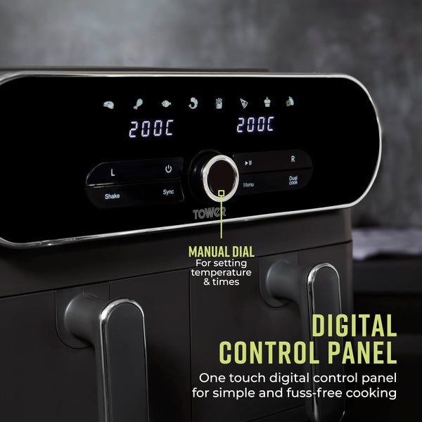 Tower T17190GRP Vortx XL Dual Stack Air Fryer with Digital Control Panel, Space Saving Design, 6 Preset Cooking Modes, Match Cook & Smart Finish Functions, 2460W, 11L, Graphite with Chrome Trim