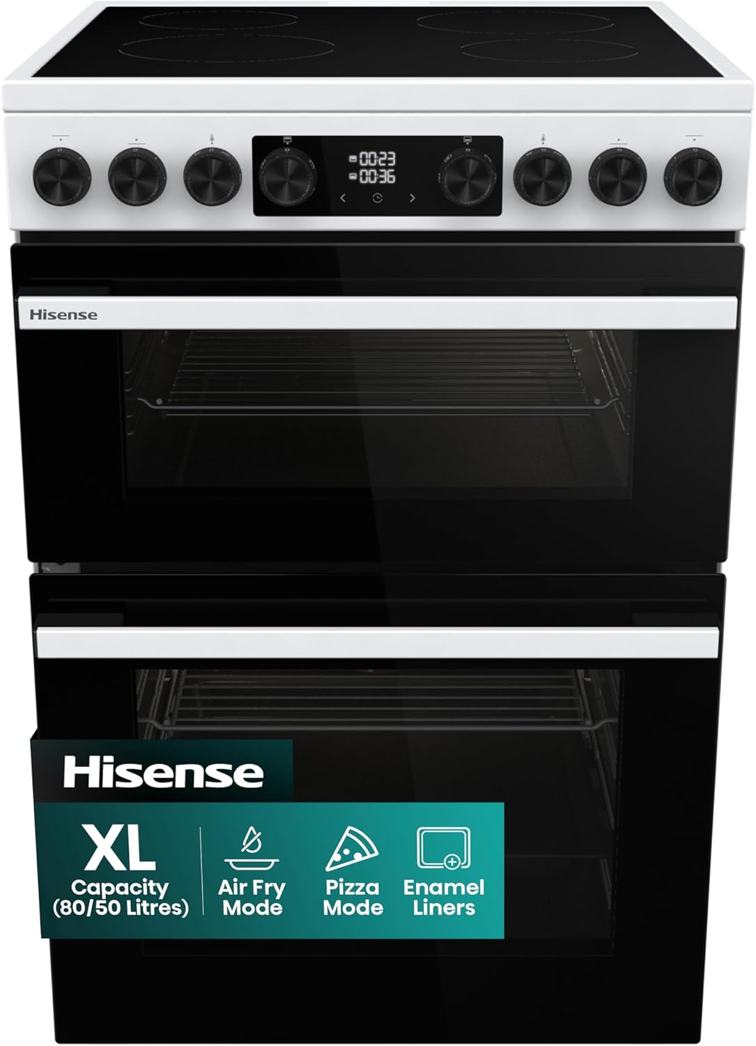 Hisense HDUKC60W 60cm Electric Cooker with Ceramic Hob-White, A Rated Double Oven 50L/80L [Energy Class A]