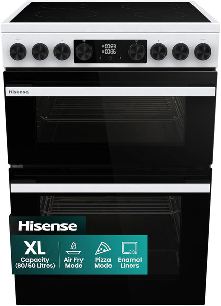 Hisense HDUKC60W 60cm Electric Cooker with Ceramic Hob-White, A Rated Double Oven 50L/80L [Energy Class A]