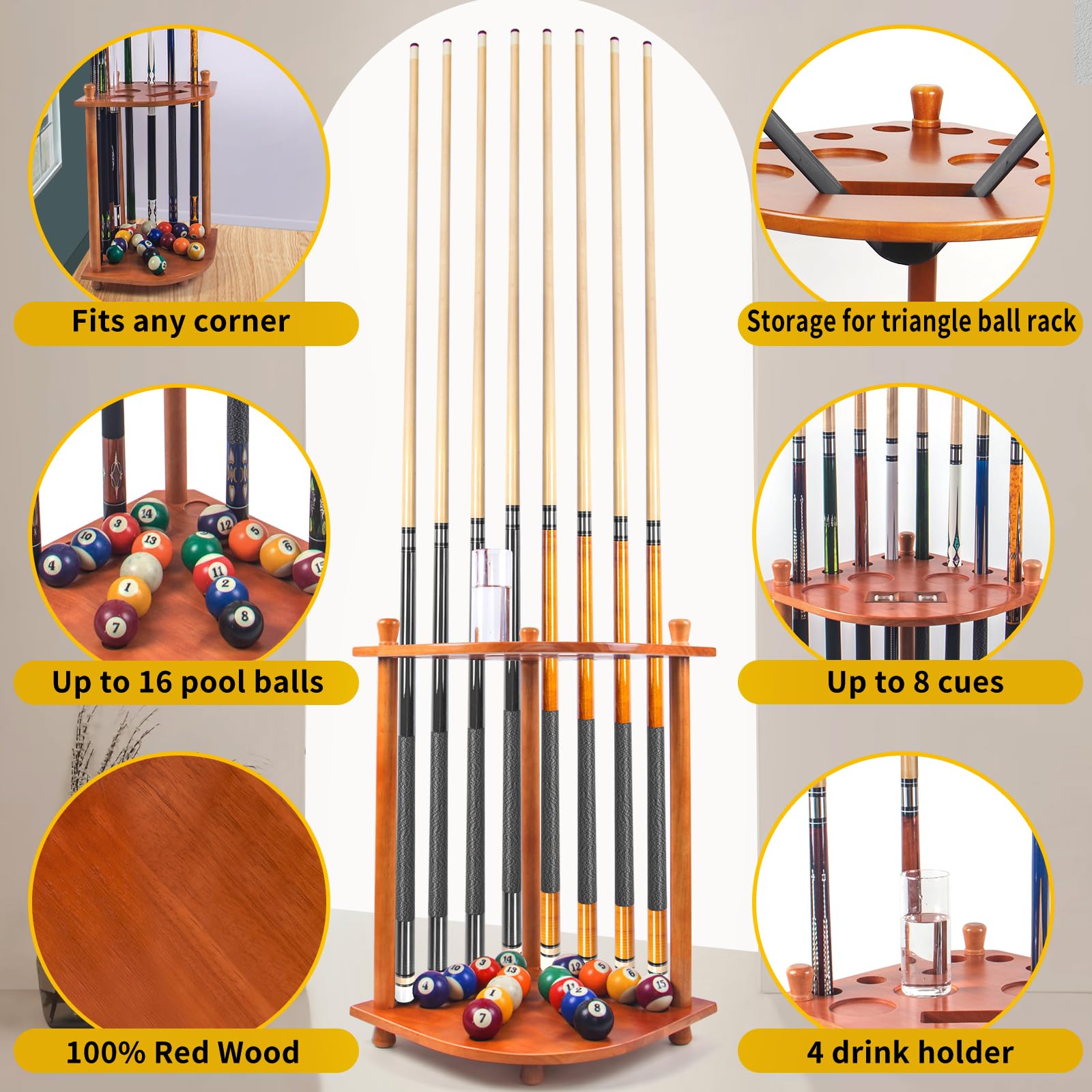 Aklot Pool Cue Rack, Pool Cue Holder, Billiard Cue Racks with 16 Ball Holders,Drink Holder,Holds 8 Sticks and Full Set of Pool Balls
