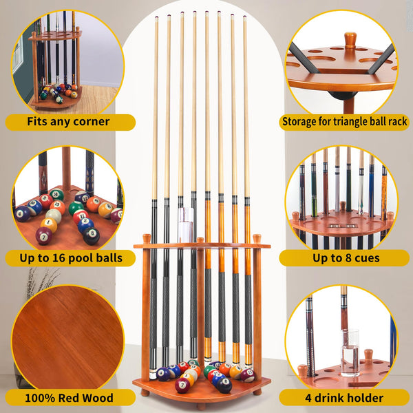 Aklot Pool Cue Rack, Pool Cue Holder, Billiard Cue Racks with 16 Ball Holders,Drink Holder,Holds 8 Sticks and Full Set of Pool Balls