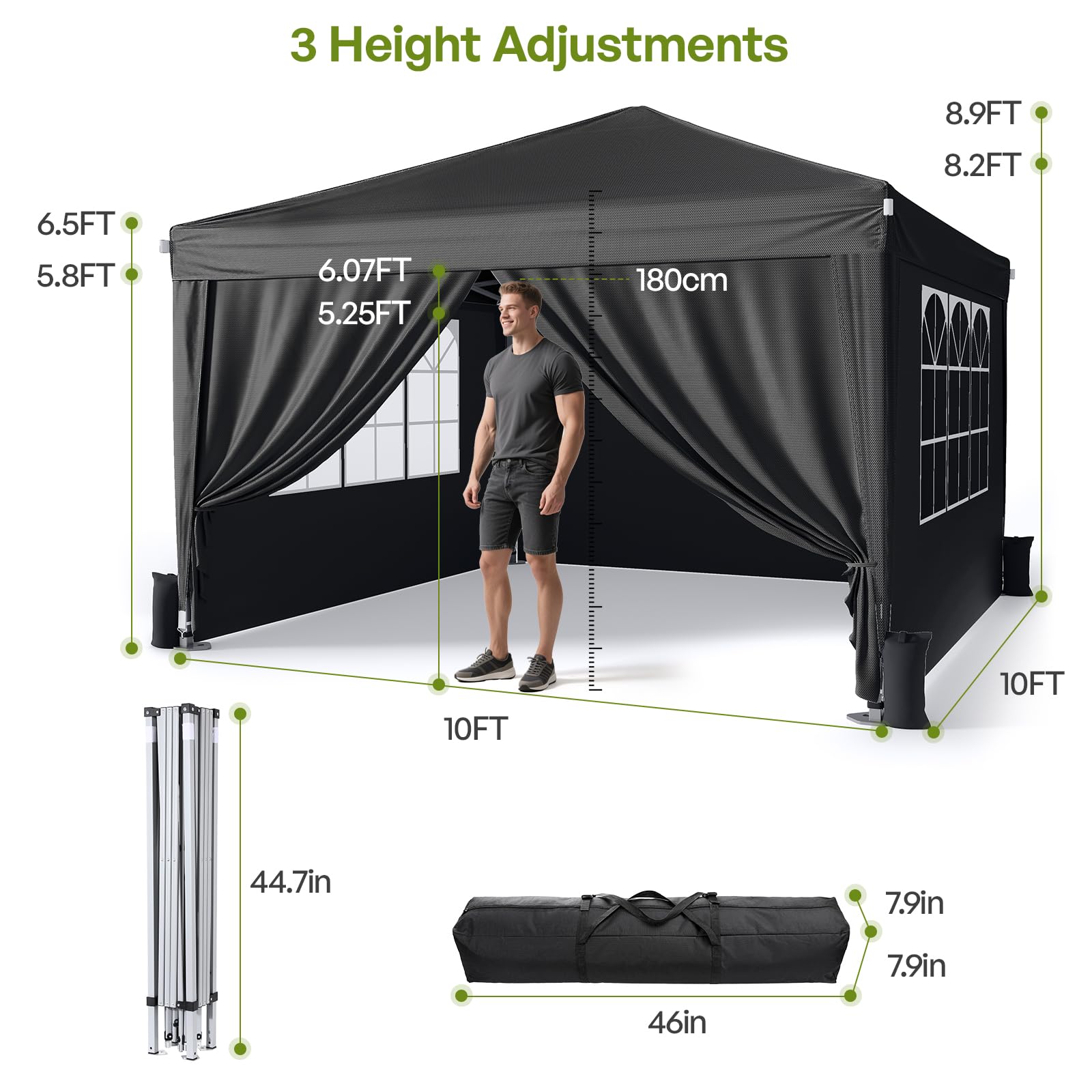Driftalia Gazebo with Sides 3m x 3m, Waterproof Pop Up Gazebo with 4 Sandbags and Carry Bag for Parties, Camping, Commercial Events - Dark Grey