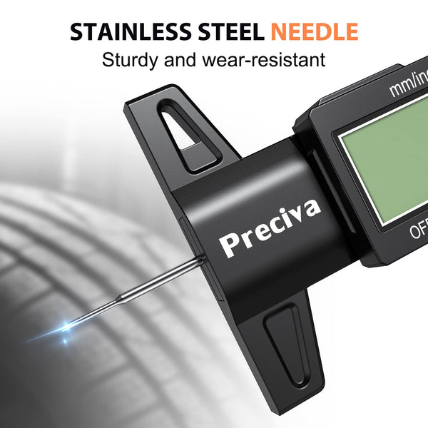 Tyre Tread Depth Gauge, Preciva Silver 0-25.4mm/Inch Digital Tire Checker UK, Tyres Depths Measuring Tool with Large LCD Screen for Cars, Trucks, Vans