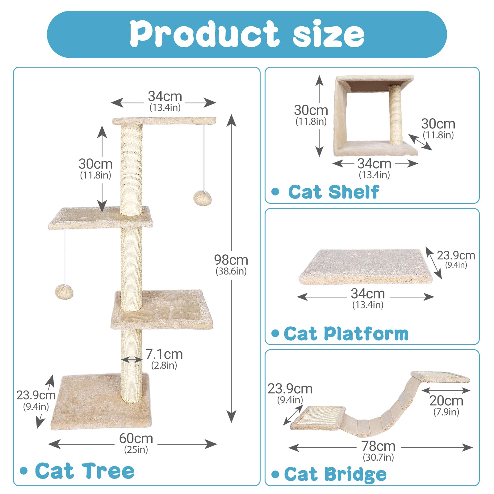 MASTERTOP Cat Wall Furniture, 4 in 1 Cat Tree Tower Scratching Posts, Indoor Cats Climbing Frame with Cats Hammock, Hanging Ball Toy, Kitten Wall