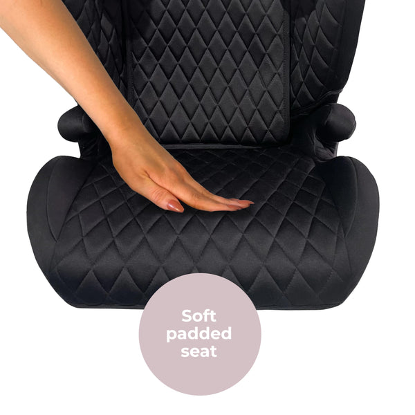 My Babiie Highback Booster Car Seat - ISOFIX, 100-150cm (Approx. 4-12 Years, Group 2/3), i-Size R129, Adjustable Child High Back Seat, Padded, 10 Position Headrest - Black Quilted