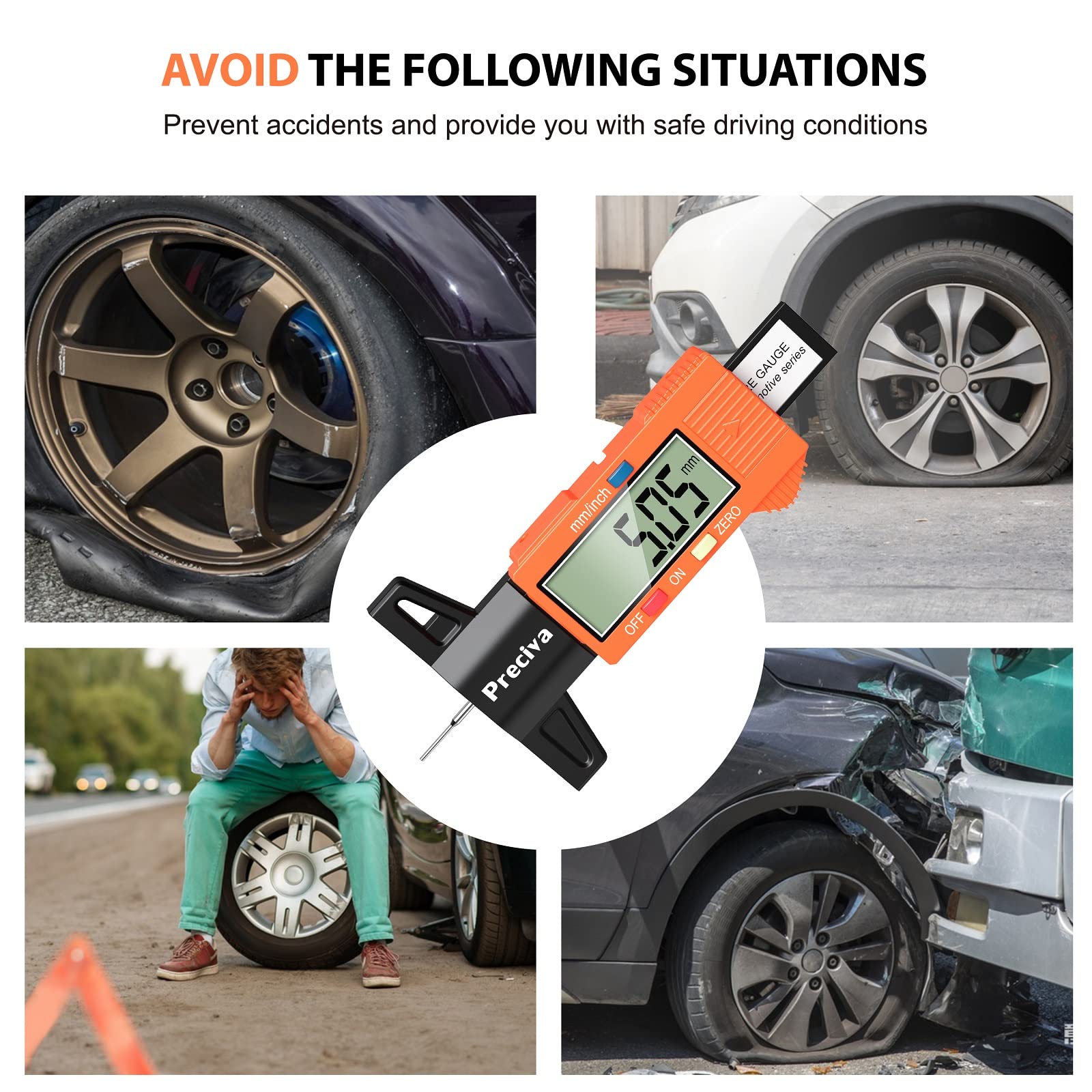 Tyre Tread Depth Gauge, Preciva Silver 0-25.4mm/Inch Digital Tire Checker UK, Tyres Depths Measuring Tool with Large LCD Screen for Cars, Trucks, Vans