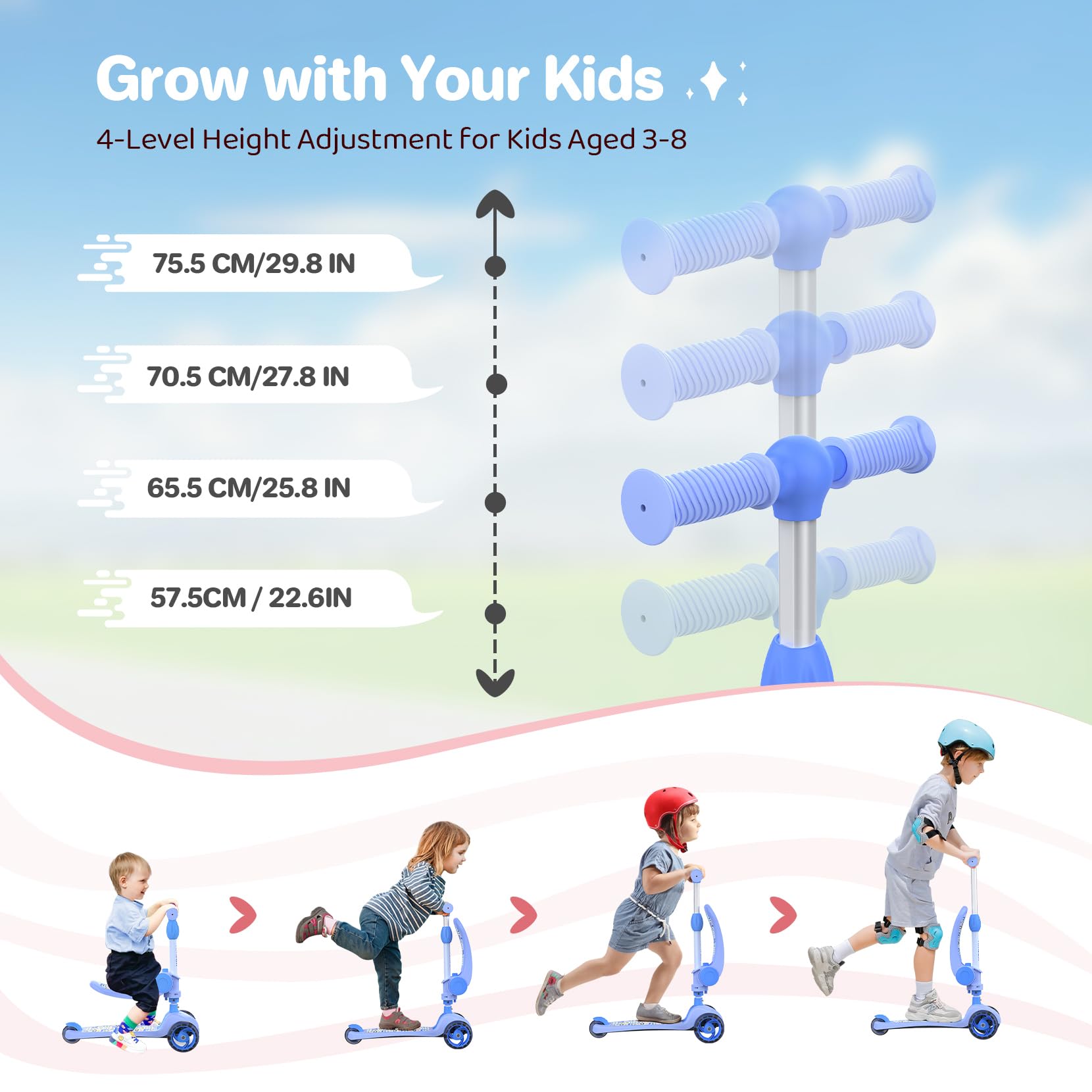 3 Wheel Scooter for Kids Girls Toddler Boys, TONBUX Kids Scooter With Big Wheels, Flashing LED Lights, 4 Levels Height Adjustable, Wide Deck, Foldable