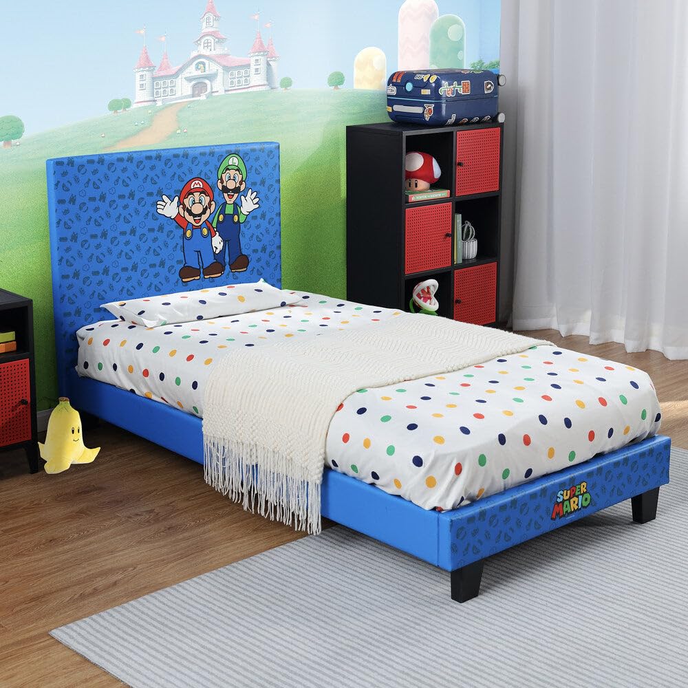 X-Rocker Official Nintendo Super Mario Gaming Bed for Kids, 3ft Single Bedstead Frame, Wooden Slats, PU Faux Leather Upholstered Headboard, Mario & Luigi, Kids Bedroom for Gamers 90x190cm - RED