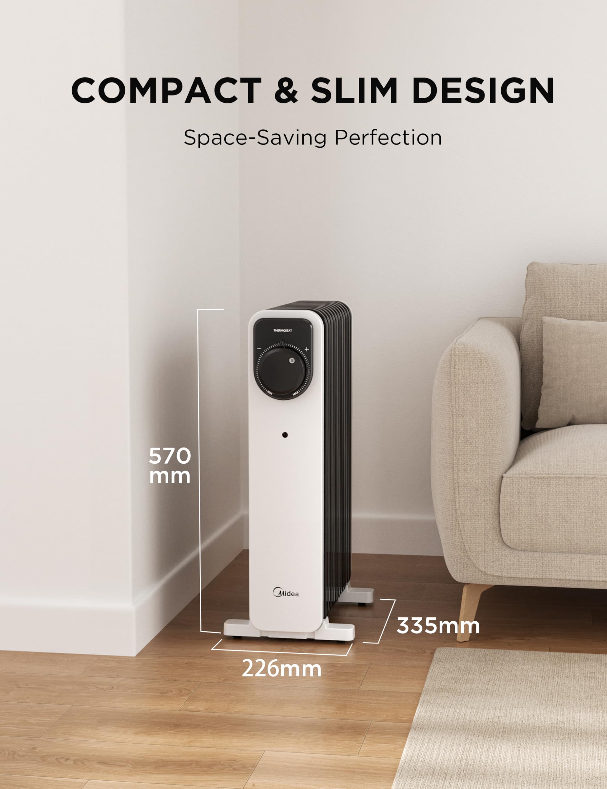 Midea Oil Filled Radiator, 2300W, 11-Fin Portable Electric Heater with Knob Controls, Adjustable Thermostat, 3 Heat Settings, Tip-Over & Overheat Protection, UltraQuiet Operation for Office & Home Use