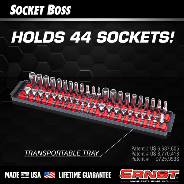 Ernst Manufacturing - 8453 Socket Boss 2-Rail 3/8-Inch-Drive Socket Organizer, 19-Inch, Red - Socket Storage Tray and Organization System for Mechanics and Automotive Service Technicians