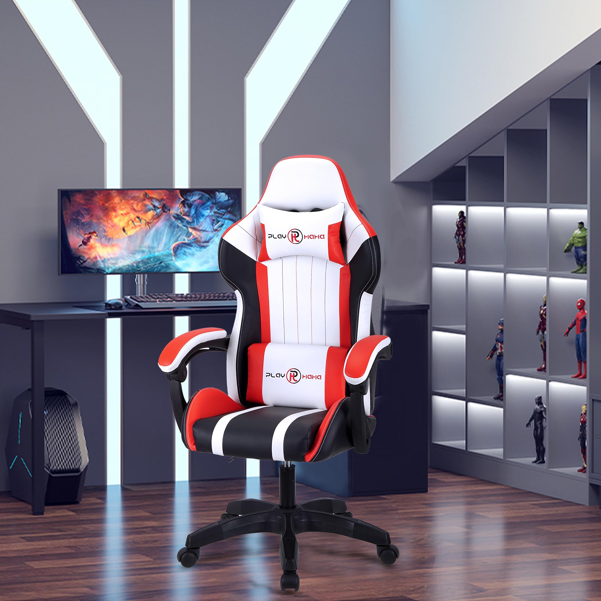 T-THREE.Ergonomic Leather Gaming Chair Height Adjustable with Headrest and Lumbar Support(Orange)