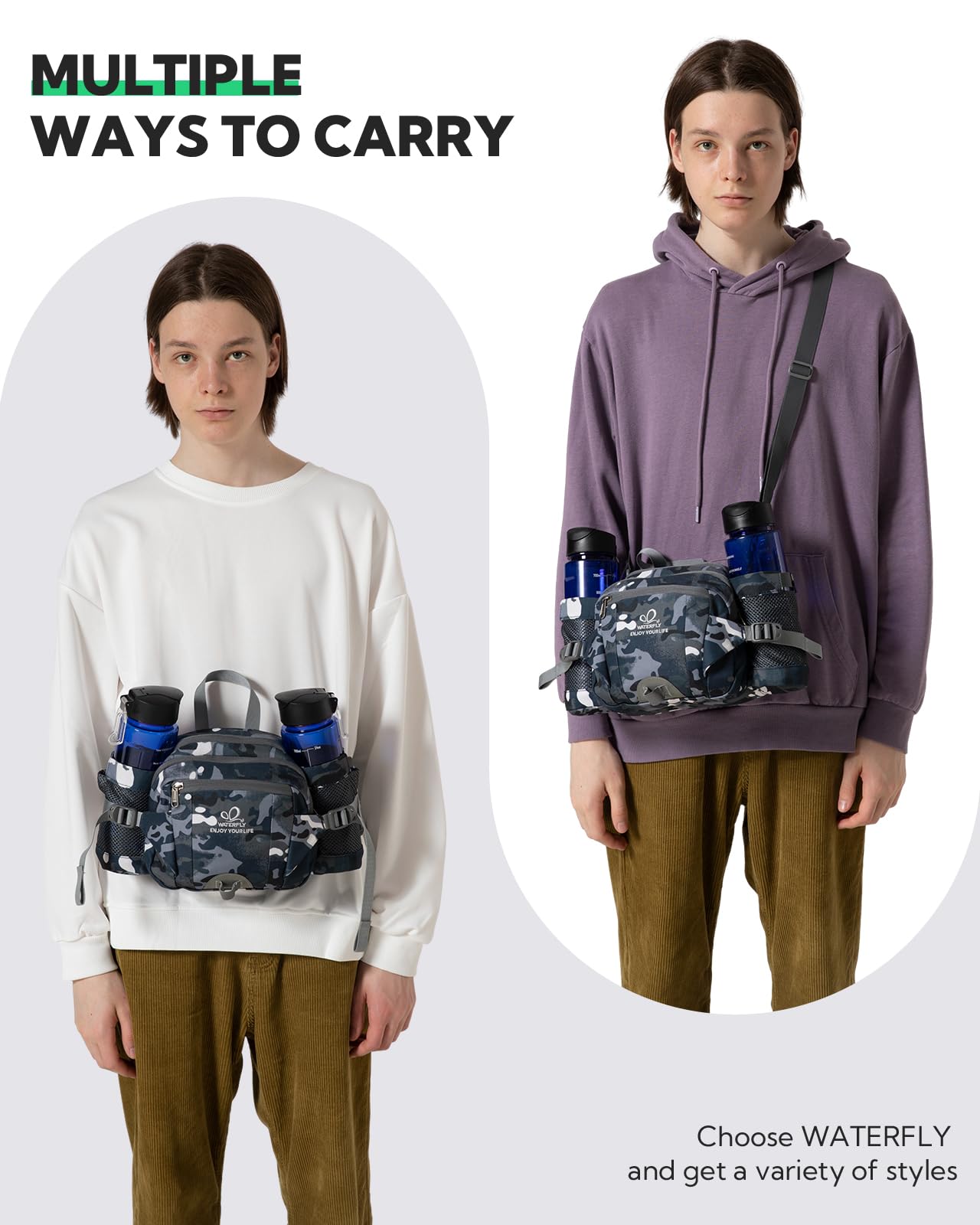 Waterfly Hiking Waist Pack Bum Bag Waist Bag with Bottle Holder Running Bag for Camping Climbing Travel Cycling and Dog Walking