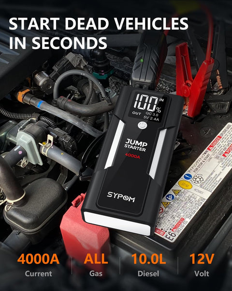 SYPOM Jump Starter, 4000A Peak Car Battery Jump Starter (for All Gas or Up to 10L Diesel), Portable Car Starter Battery Pack with Extended Smart Jumper Cables,12V Auto Jump Box with LED Light
