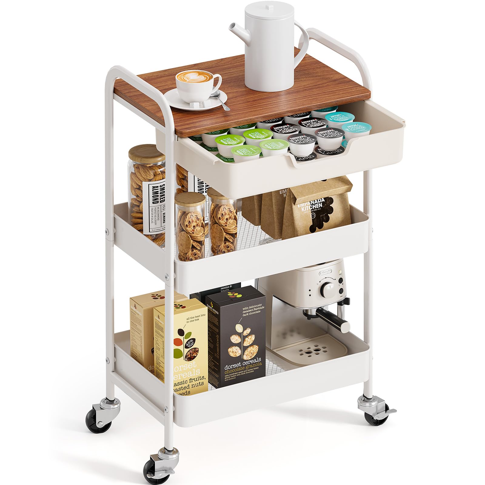 KINGRACK Rolling cart, 3-Tier Utility Storage Trolley with Wooden Board and Drawer, Metal Storage Cart with Handle, White Trolley Kitchen Organizer
