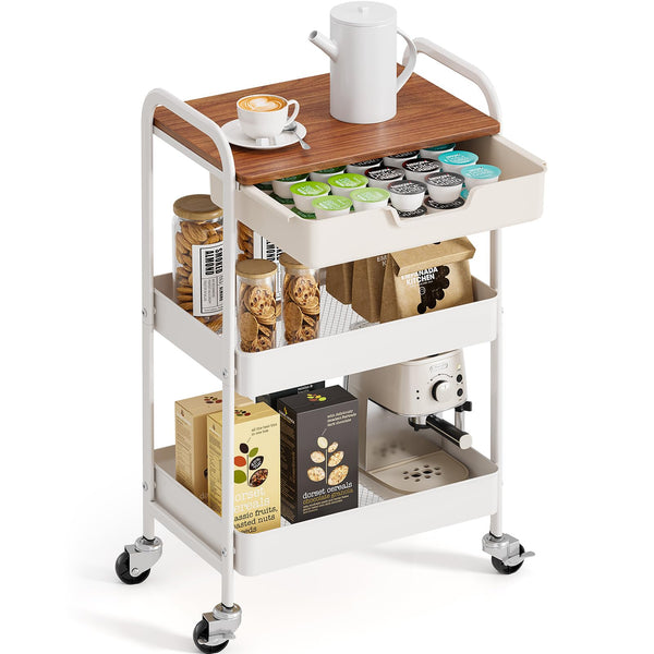 KINGRACK Rolling cart, 3-Tier Utility Storage Trolley with Wooden Board and Drawer, Metal Storage Cart with Handle, White Trolley Kitchen Organizer