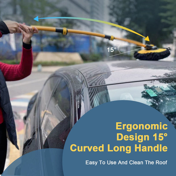 YeewayVeh Car Wash Brush, 43" Extendable Car Wash Brush Mop with Long Handle, 15 Degree Curved Soft Car Cleaning Brush kit with Extra Microfiber Brush Head for Truck SUV Cleaning, Orange