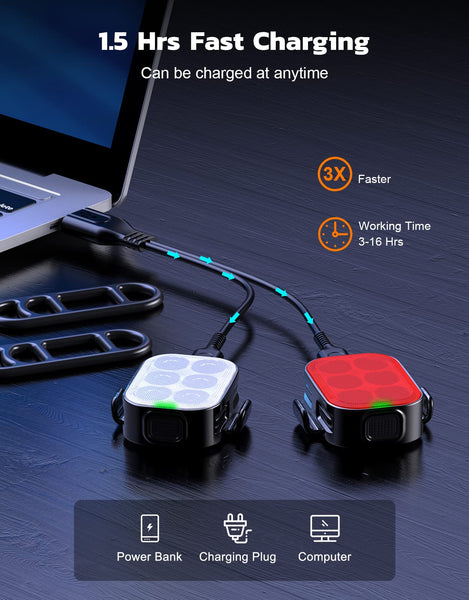 Glangeh Bike Lights Ultra Slim, Rechargeable Bicycle Lights Front and Rear, 4+6 Modes Bike Light, Waterproof IP65 Cycle Lights for Road Safety, 1.5 Hrs Fast Charging Bike Light Cycling Headlights Set