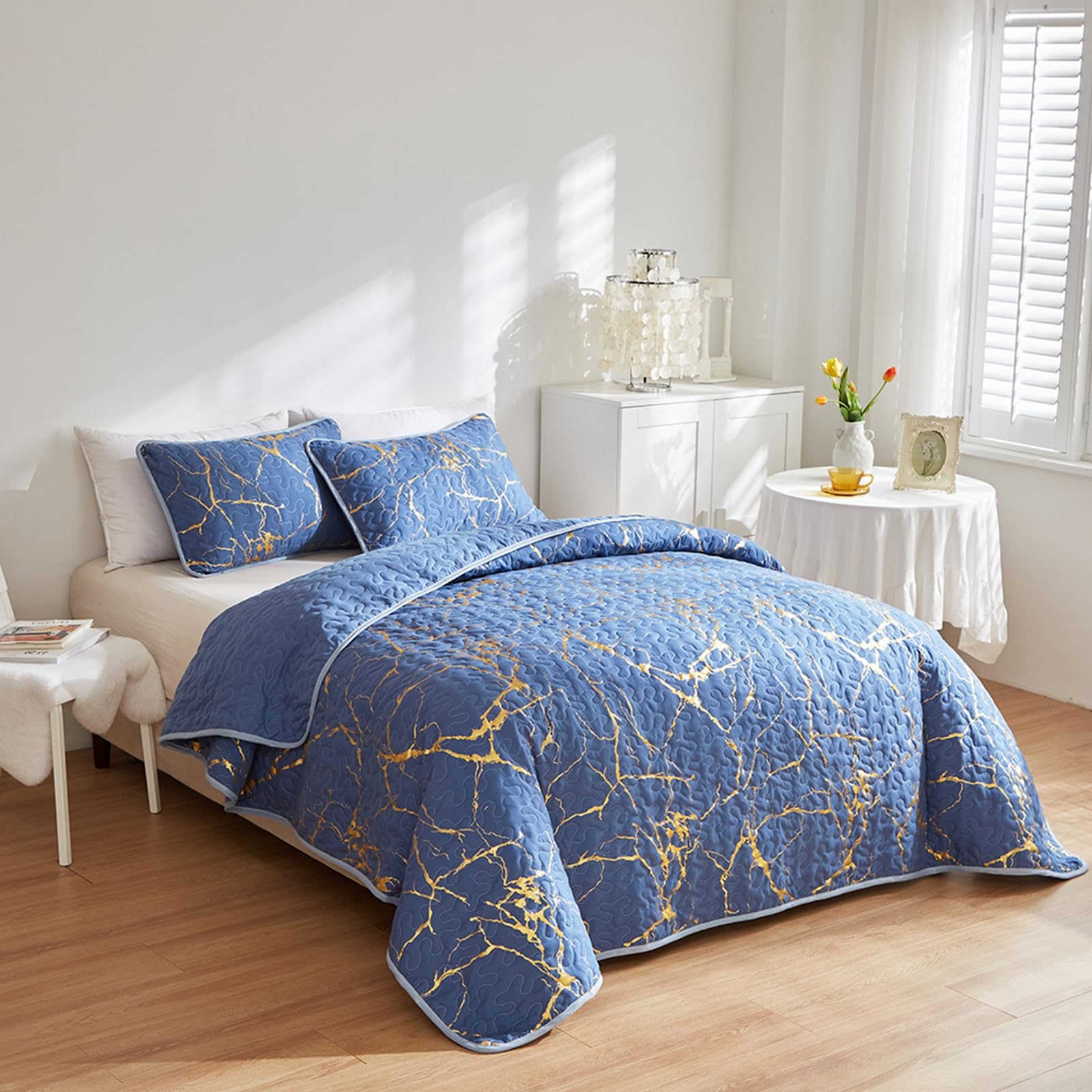 HAVOP King Size Blue Quilted Bedspreads - Gold Marble Printed Luxury Soft Microfiber Coverlet All Season Bedding Set