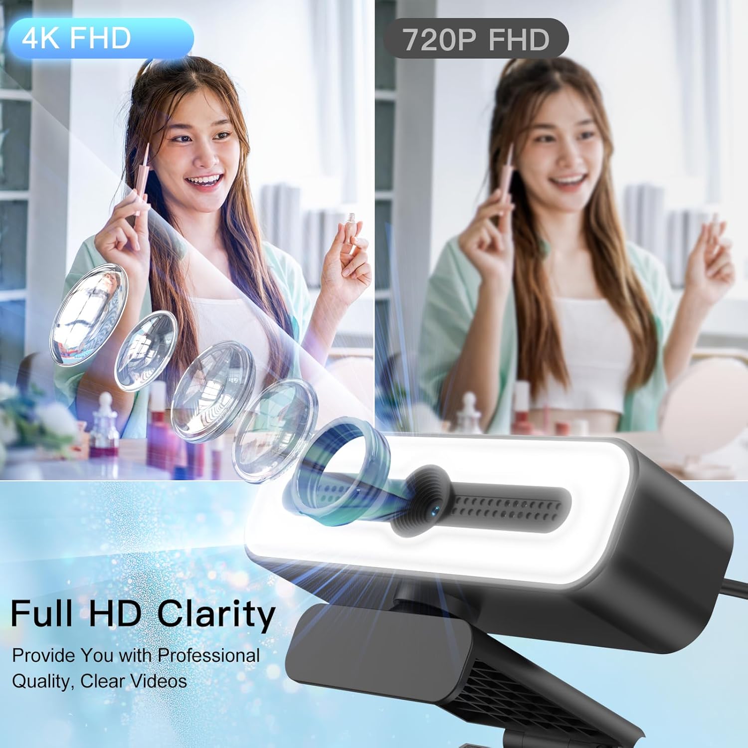 Webcam for PC with Microphone, 4K Webcam Streaming Camera, Web Cam with Cover and Rotatable Clip for Desktop, Laptop, Plug and Play USB Camera for Video Calling, Conference, Meeting, Studying, Gaming