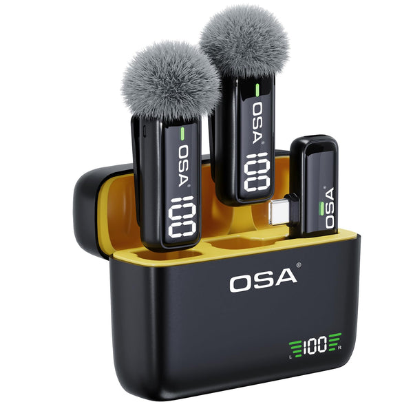 OSA Wireless Microphone for iPhone iPad with Smart Charge Case and Digital Display, 40H Clip on Wireless Lavalier Microphone with Noise Reduction for Video Recording, Plug & Play (2 Mic, 2 Recive)