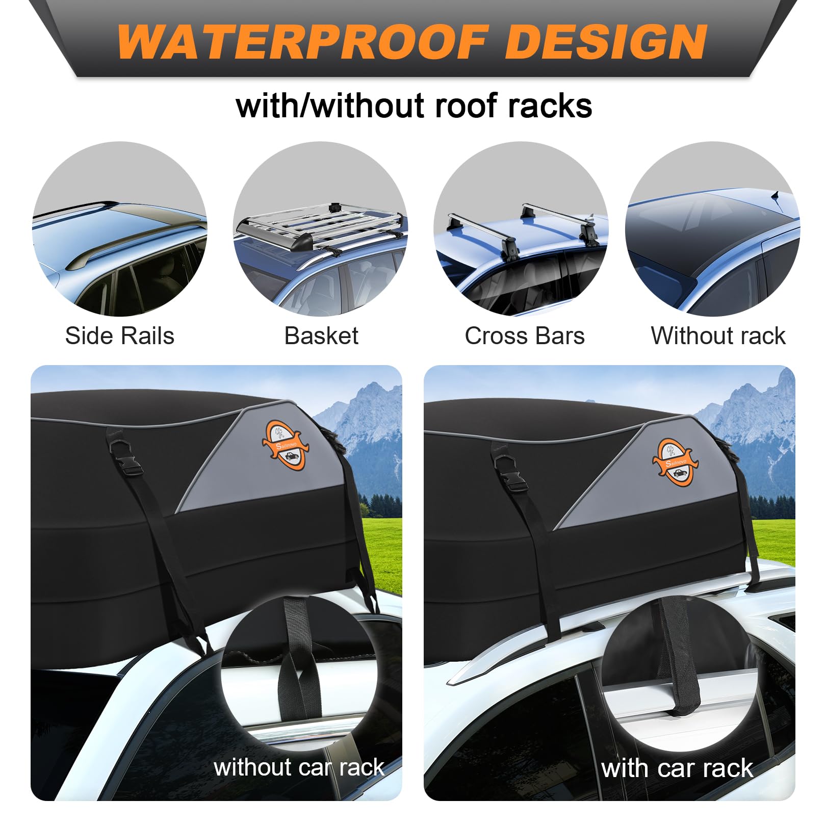 Sailnovo Roof Box Roof Bag 580L/20 Cubic Waterproof Car Roof Bag with 6 Door hooks, Soft-Shell Large Roof Cargo Carrier Bags for Cars without/with Roof Bars/Rack/Rails, Black