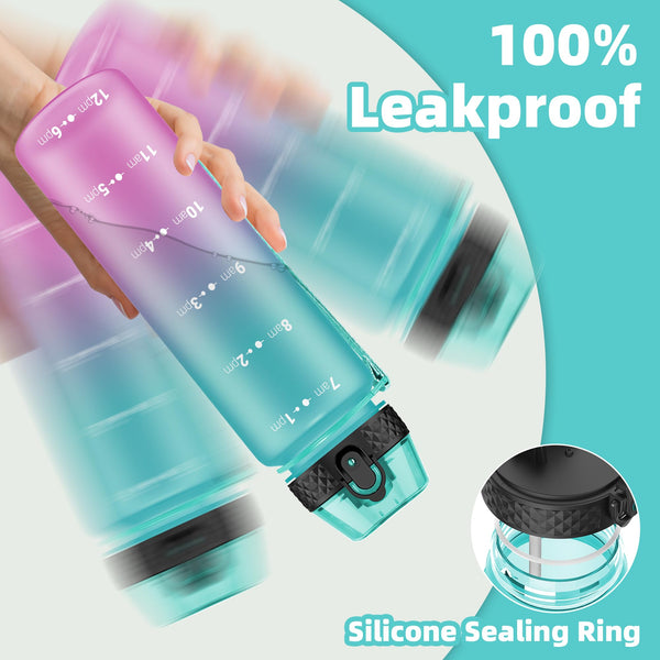 OLDLEY 1L/32oz Sports Water Bottle, 1000ml Motivational Drinks Bottle with Time Markings Leak Proof Drink & Lock Cover & No Straw, BPA Free for Adults Women Men Gym School Cycling Running Hiking