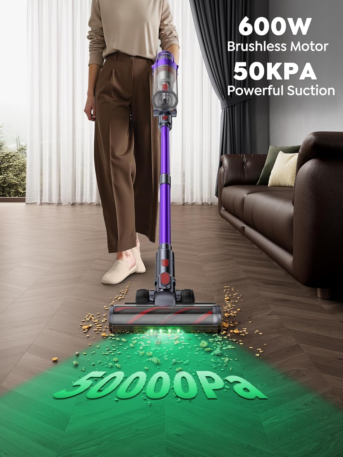 SMOTURE Cordless Vacuum Cleaner, 600W 50KPA Stick Vacuum with Touch Screen, Up to 65 Mins Runtime, Self-Standing Vacuum with Auto Mode, Lightweight Vacuums for Hardwood Floor Carpet Car Pet Hair