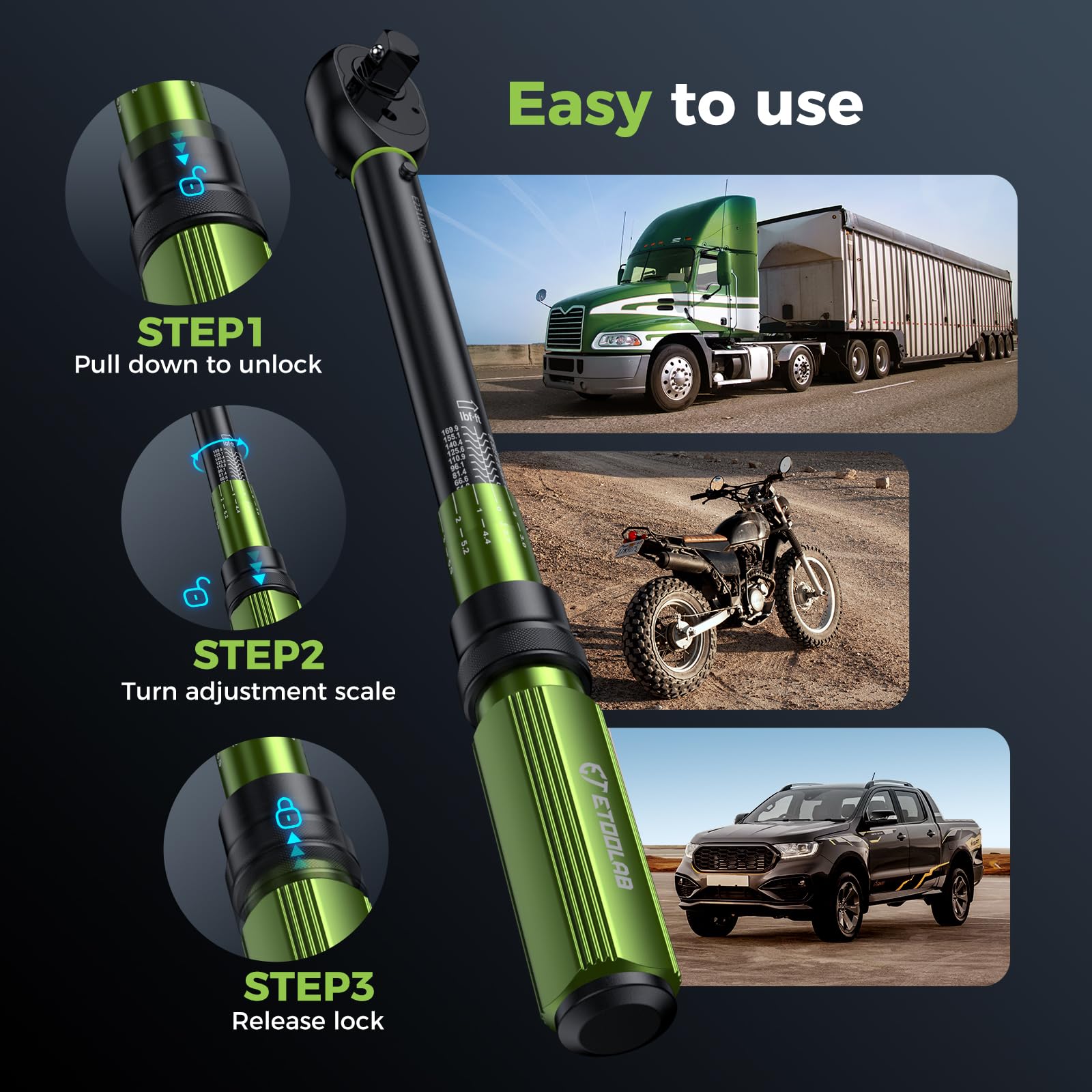 ETOOLAB 1/2 Torque Wrench Dual-Range【20-230Nm/10-170lbf-ft】±3% Precision, 72 Tooth Dual-Direction Adjustable Torque Wrench for Bicycle, Moto, Car Maintenance—3pcs