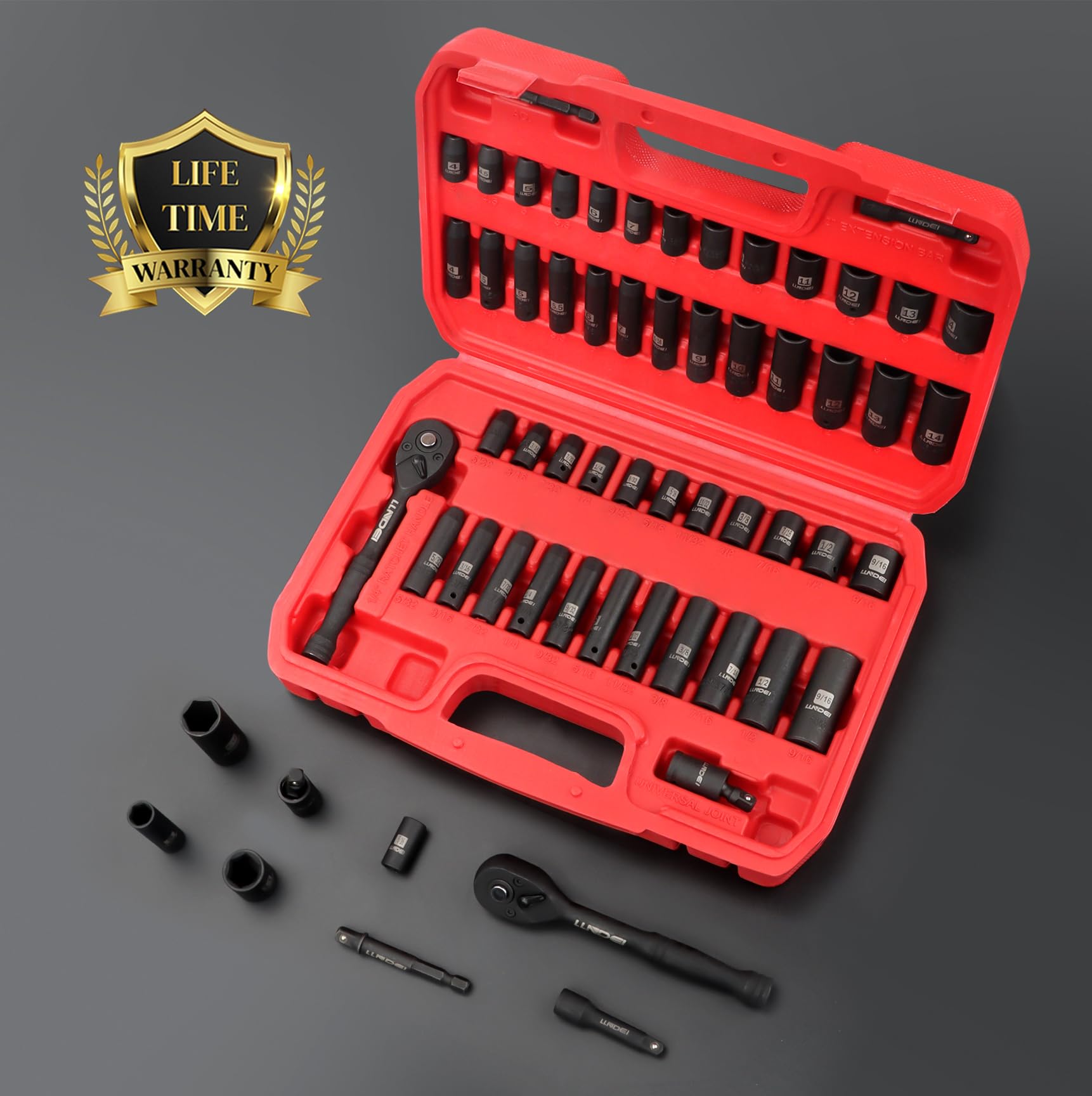 LLNDEI 1/4-Inch Drive Impact Socket Set, 52 PCS Mechanic Tool Set with Ratchet & Adapter, CR-V, Metric and Standard Full Sockets with Storage Tool Kit for Household & Automotive Repair & DIY Project