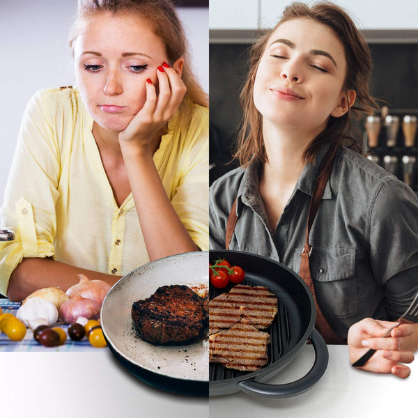 Joejis Non-Stick Induction Grill Pan - Round Cast Aluminium 27 cm - Glass Lid - Steak Fry Pan BBQ Pans PFOA Free