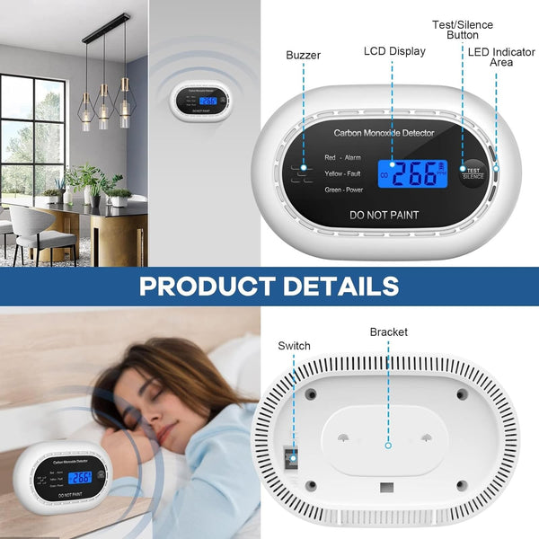 Carbon Monoxide Detector with LCD Digital Display, CE Certified CO Alarm with Sealed in 10 Year Battery, Standalone Audible CO Detector for Home,Black,1 Pack