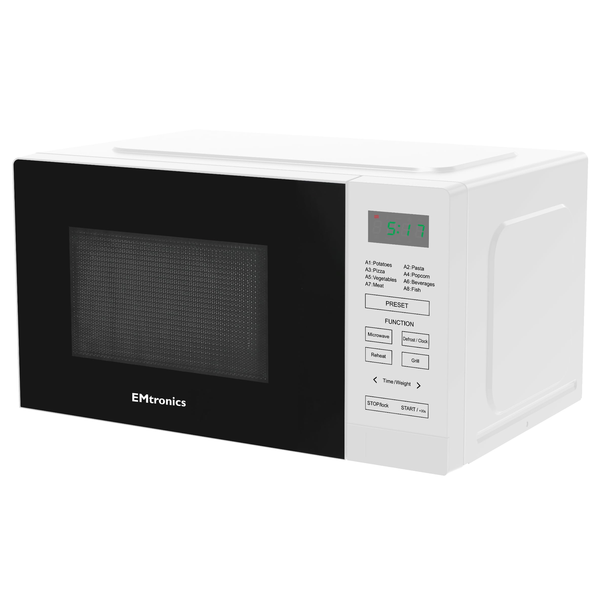 EMtronics 20 Litre 700W Digital Microwave with 800w Grill, 10 Power Levels, 8 Preset Options, Defrost Function and Cavity Light - White