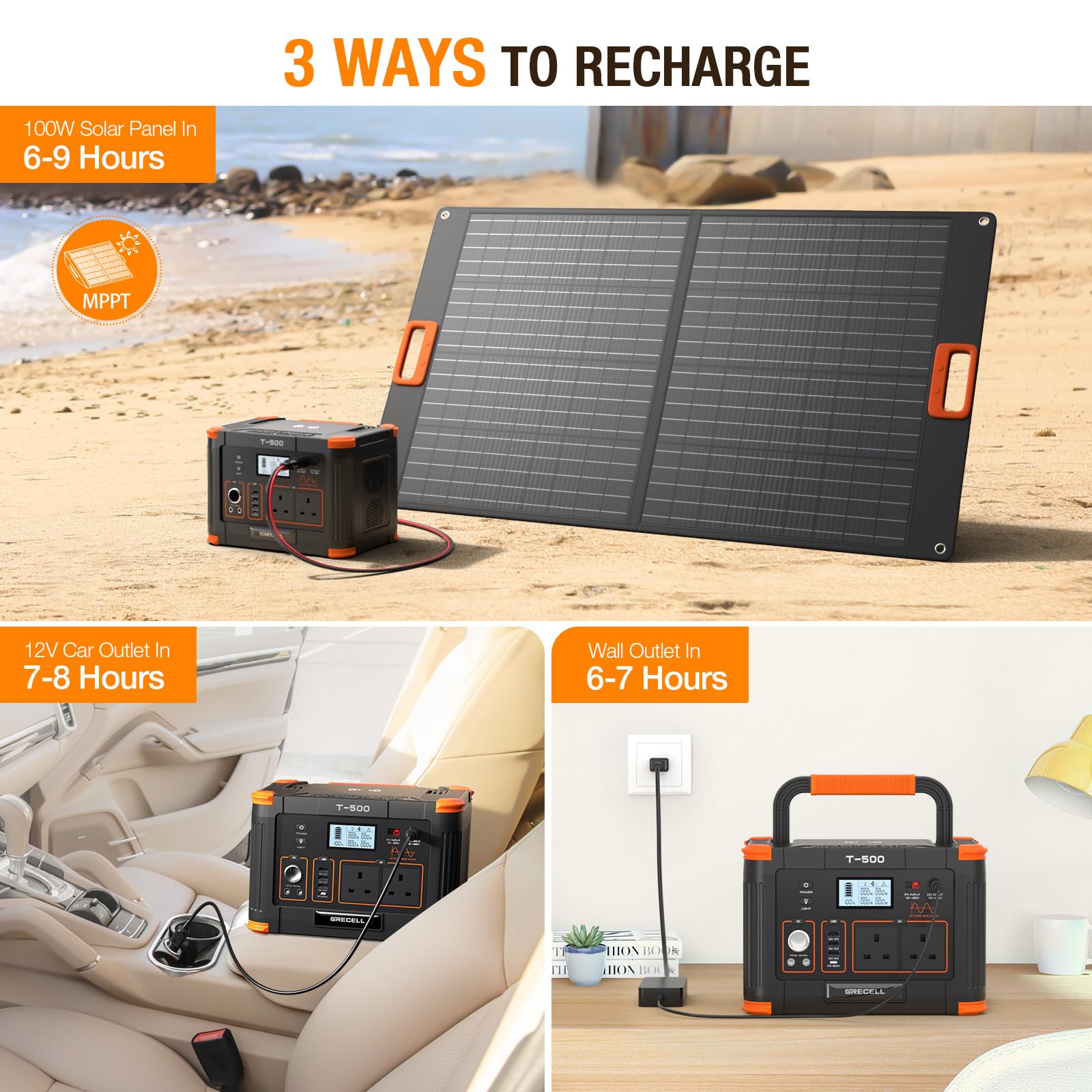 GRECELL Portable Power Station 500W(Peak 1000W), 519Wh Outdoor Solar Generator Backup Battery Pack with 2 230V AC Outlets, 500W 10-Port Powerhouse for RV/Van Camping Road Trip Home Emergency, T-500