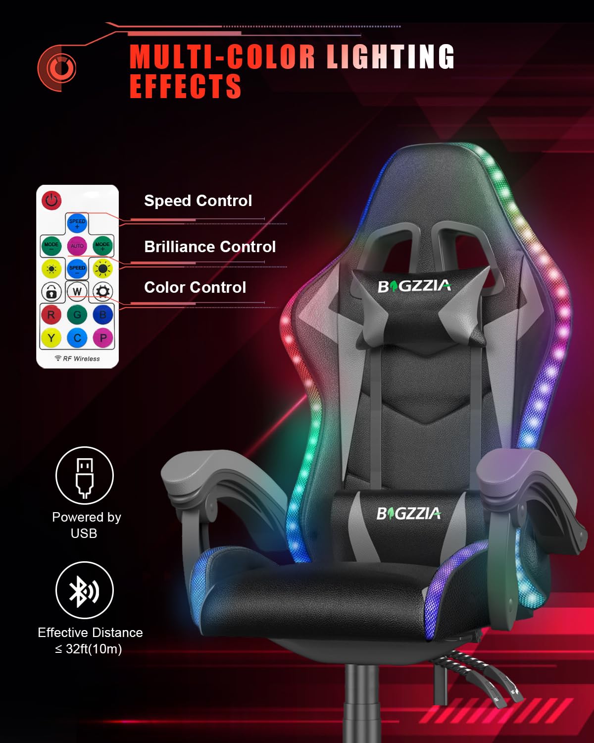 Racingreat Gaming Chair with Led Lights, Video Game Chair, Ergonomic RGB Gaming Chair for Adults, Height Adjustable Reclining Computer Chair with Headrest and Lumbar Support (With RGB, Black)