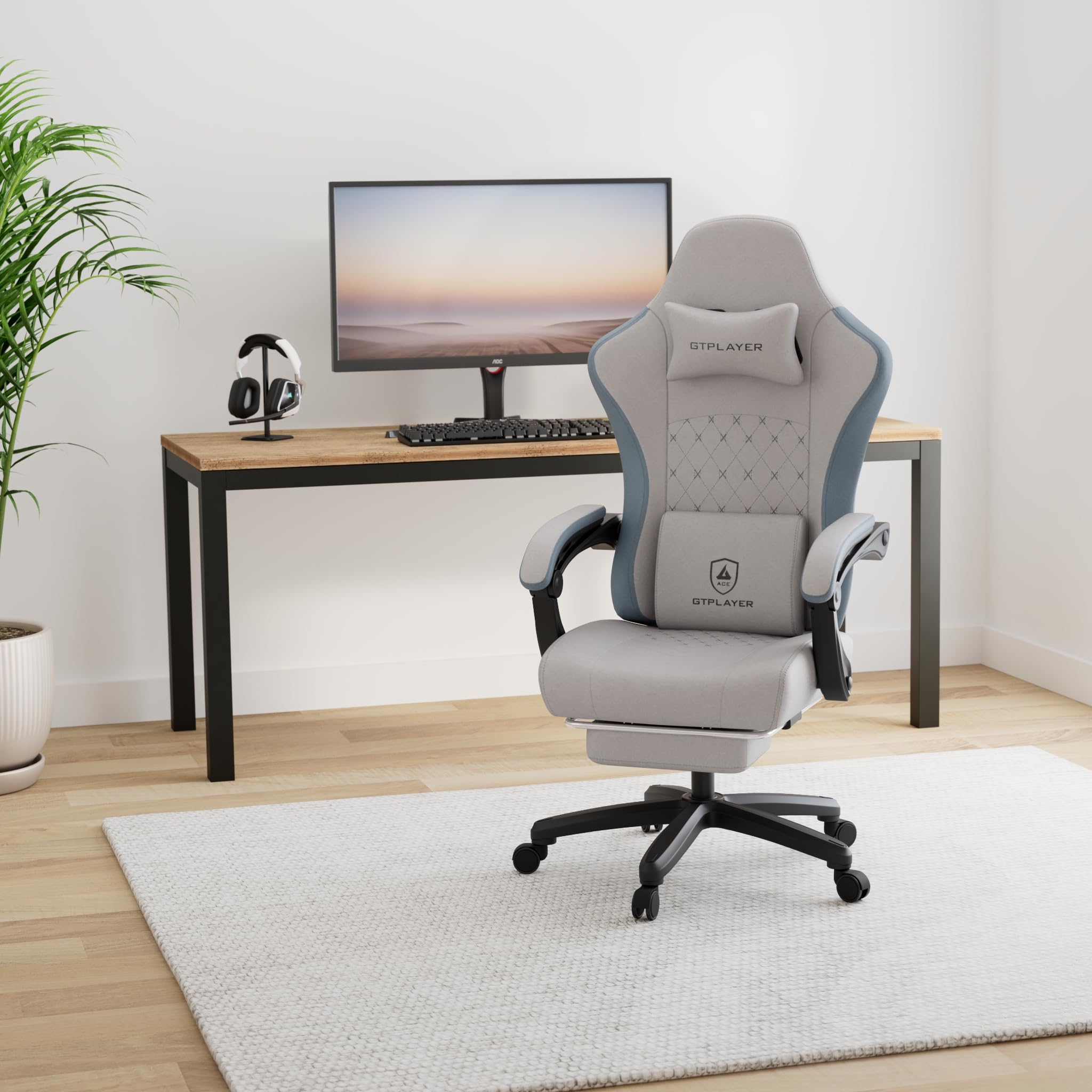 GTPLAYER Fabric Gaming Chair with Footrest, Ergonomic Computer Desk Chair with Pocket Spring Cushion Home Office High Back Support Lumbar Support Heavy Duty Wide