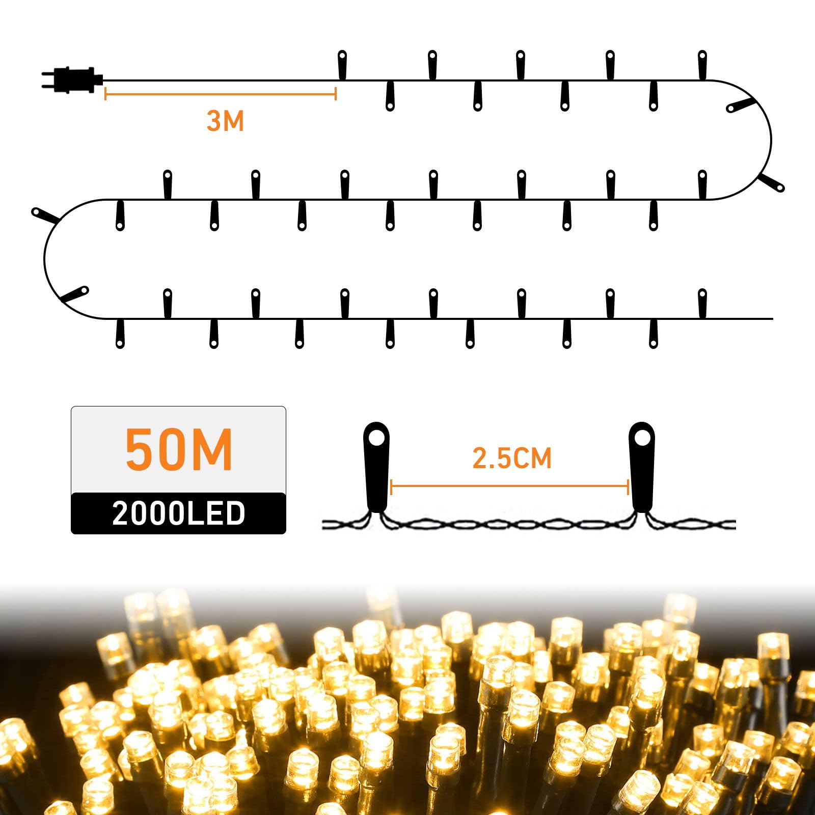 Marchpower Christmas String Lights, 50m 2000LEDs Cluster Lights with 8 Lighting Modes, IP44 Waterproof Outdoor Xmas Lights for DIY Decoration in Home