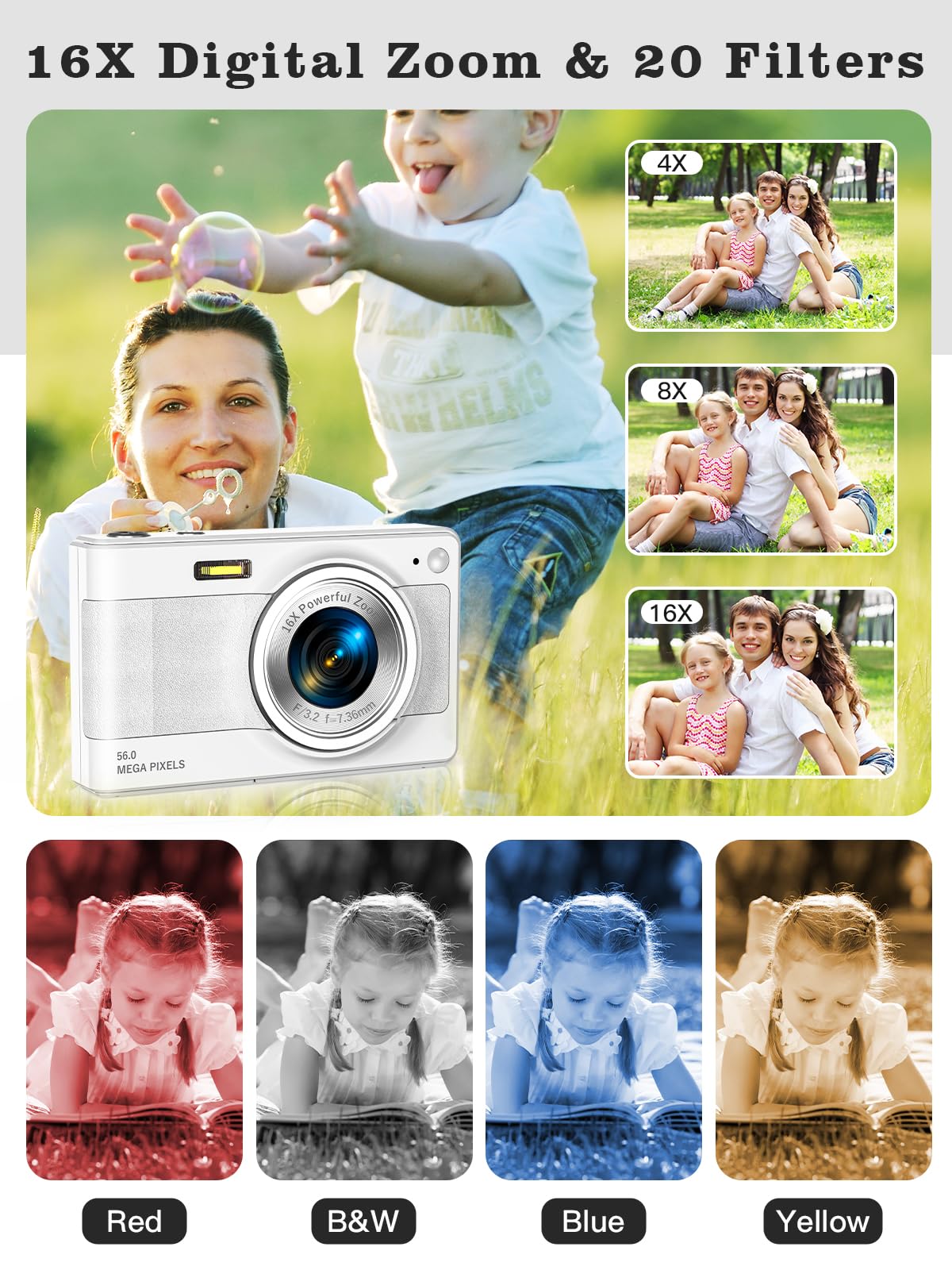 Upgrade Digital Camera, 56MP FHD 1080P 16X Kids Digital Zoom Camera, 32GB TF Card, Portable Mini Camera with 2 Batteries, Lanyard, Compact Small Camera for Kids Boys Girls（Black）