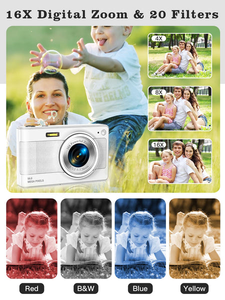 Upgrade Digital Camera, 56MP FHD 1080P 16X Kids Digital Zoom Camera, 32GB TF Card, Portable Mini Camera with 2 Batteries, Lanyard, Compact Small Camera for Kids Boys Girls（Black）