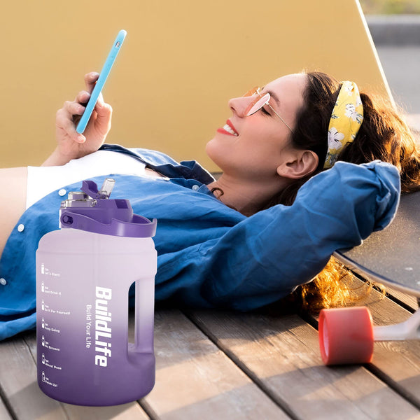 BuildLife Water Bottles with Straw & Flip Cap 2 in 1 Lid - Large Water Bottle with Time Markings BPA Free Leak Proof Wide Mouth Drinks Bottle,2.5 Litre Durable Sports Water Bottle (Black)