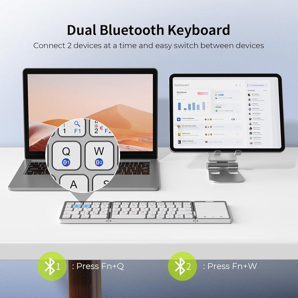 Seenda Folding Bluetooth Keyboard with Touchpad, Foldable Portable Travel Mini Wireless Keyboard, Rechargeable UK layout for iOS Android Windows PC Tablet phone ipad, Black and Grey