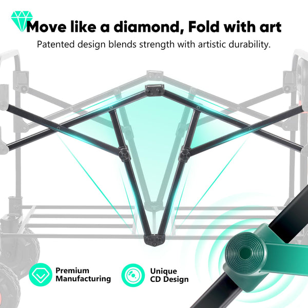 Sekey 332L Folding Festival Trolley with Expandable Tailgate, Patented Design Beach Cart - Diamond Collapsible, Wide All-Terrain Wheels, Brake, 350LB Load Capacity Heavy Duty Wagon for Camping, Black