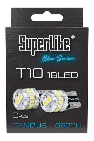 Superlite Set of 2 T10 Bulbs with 18 Leds from the Blue Series range. CanBus Technology and 6500K Colour Temperature. Ideal for Car and Truck.