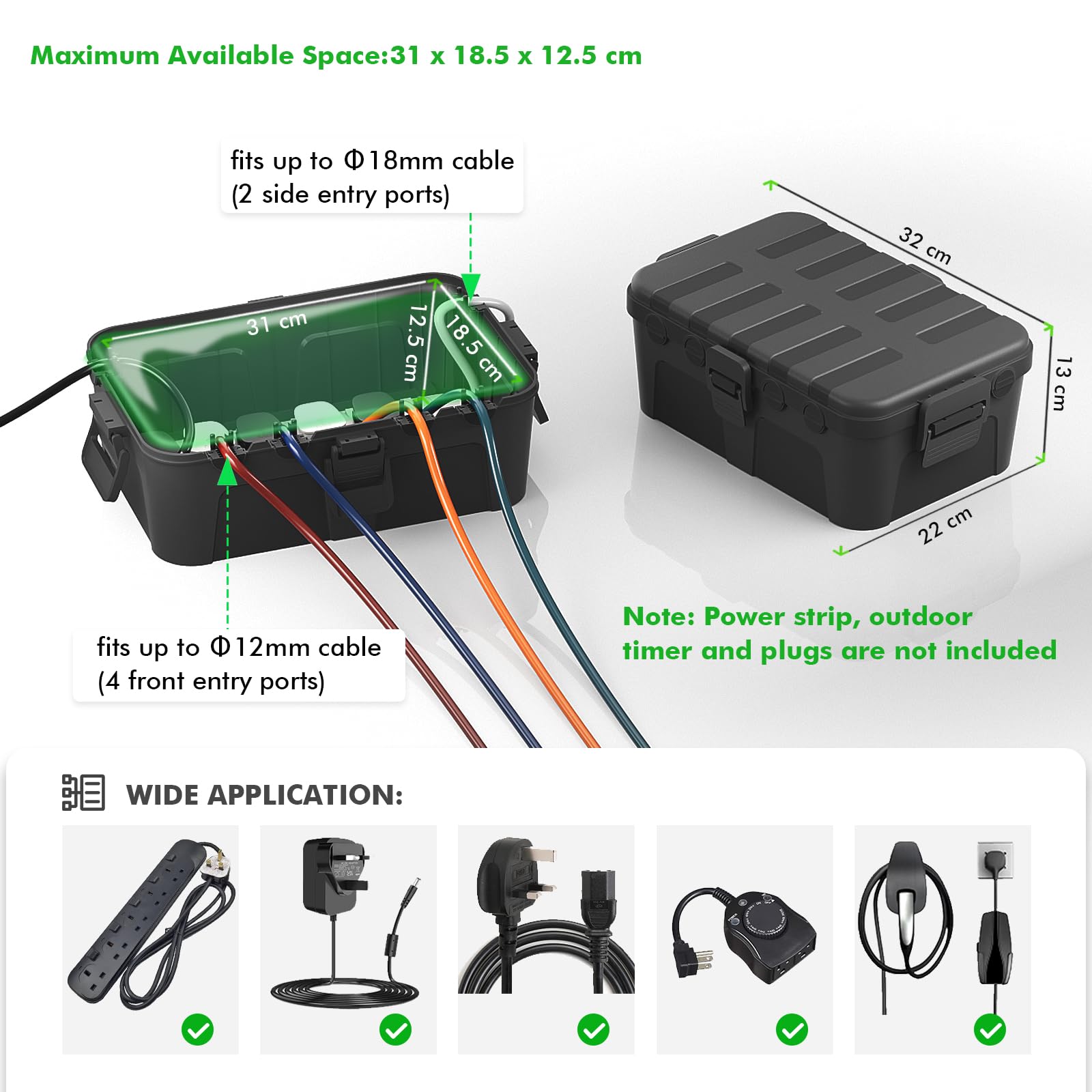 RESTMO Extra Large Waterproof Electrical Box, IP54 Weatherproof Outdoor Outlet Cover, Protect Outlet, Plug, Timer, Power Strip (Not Included), Holiday Light Decoration, 32 x 22 x 13 cm, Black