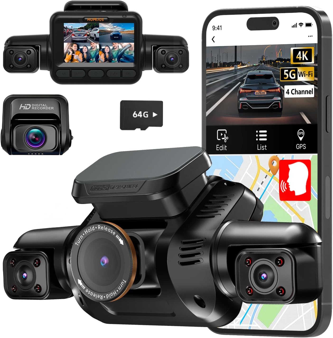 HUPEJOS 360° 4K Dash Cam, 4 Channel Camera 3K Front +1080P*3 Left Right Rear, 5GHz WiFi GPS Dash Camera for Car, Voice Control, Front 4K+1080P*2, 64GB Card, Night Vision, 24Hrs Parking Mode (V8Plus)