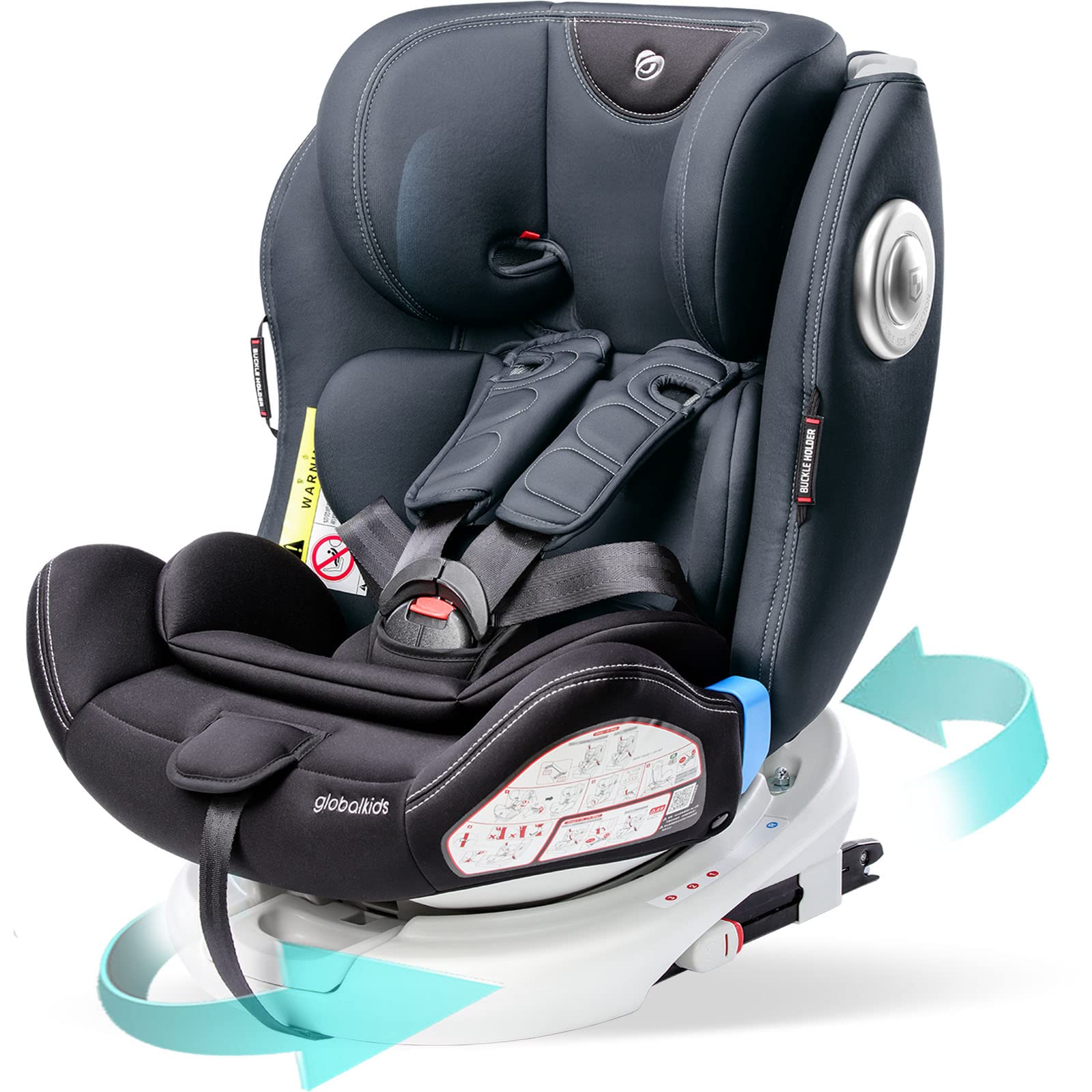 globalkids Safety Baby Car Seat with Isofix and Top Tether, 360 Degree Rotating Child Seat for All Group 0-12 Years Old (up to 36kg), Black (2022 Edition)