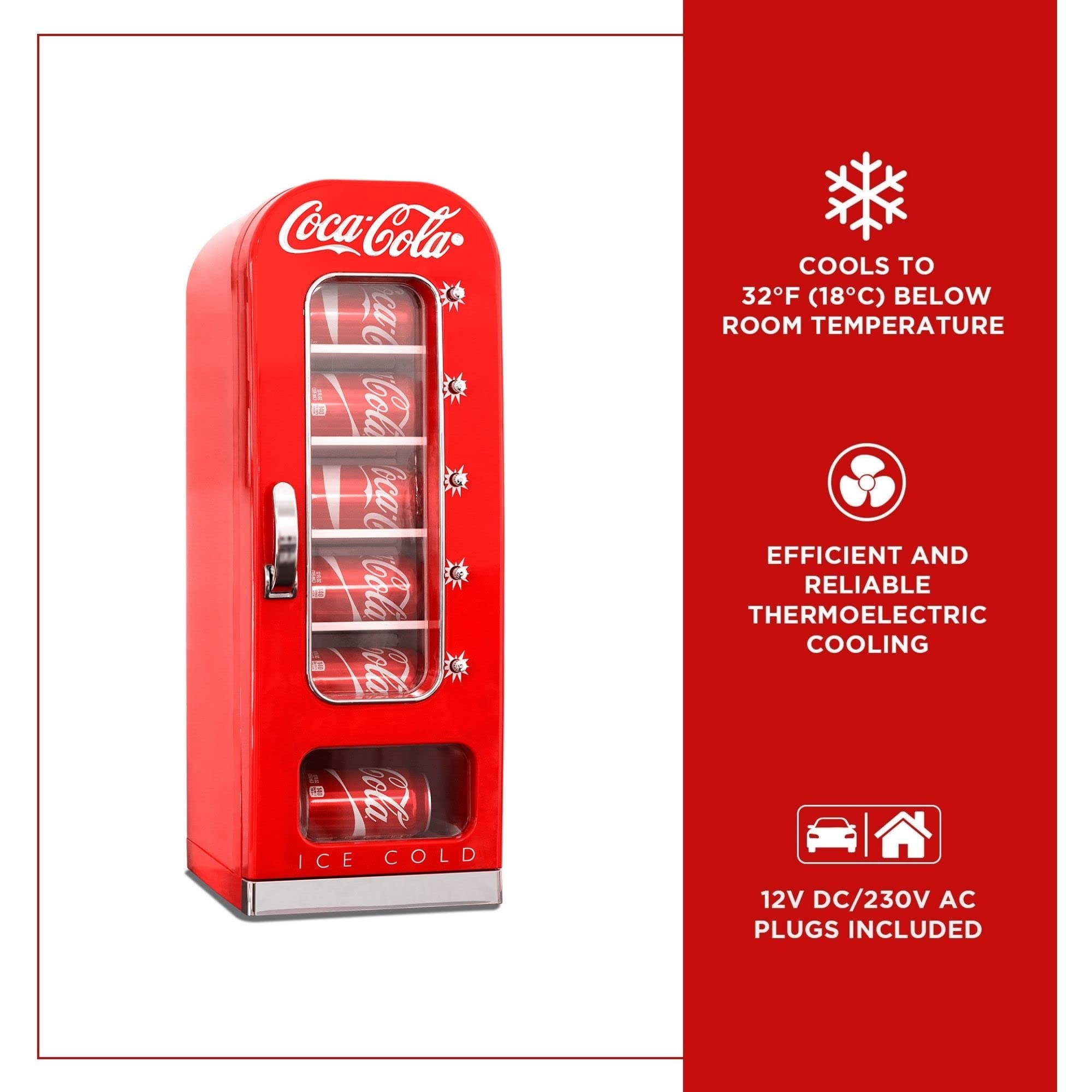 Coca Cola Mini Fridge For Bedrooms 5L Retro Vending Machine Style Cool Box 10 Can Quiet Mini Fridges with Display Window For Coke Beverages Food Drinks Home 12v Portable Cooler Box, Red