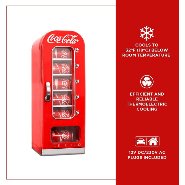 Coca Cola Mini Fridge For Bedrooms 5L Retro Vending Machine Style Cool Box 10 Can Quiet Mini Fridges with Display Window For Coke Beverages Food Drinks Home 12v Portable Cooler Box, Red
