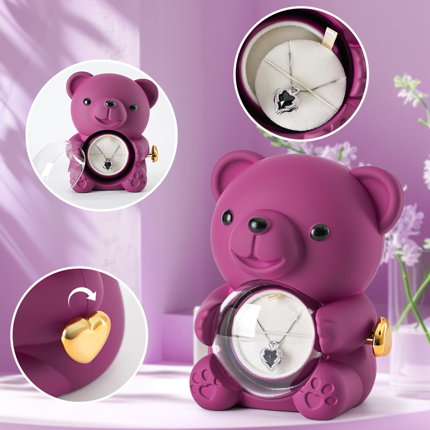 Ariceleo Purple Teddy Bear with Preserved Rose, Real Rose Flower in Bear, Elegant Gift Box, Heart-Shaped Necklace, Unique Gift for Valentine's Day,