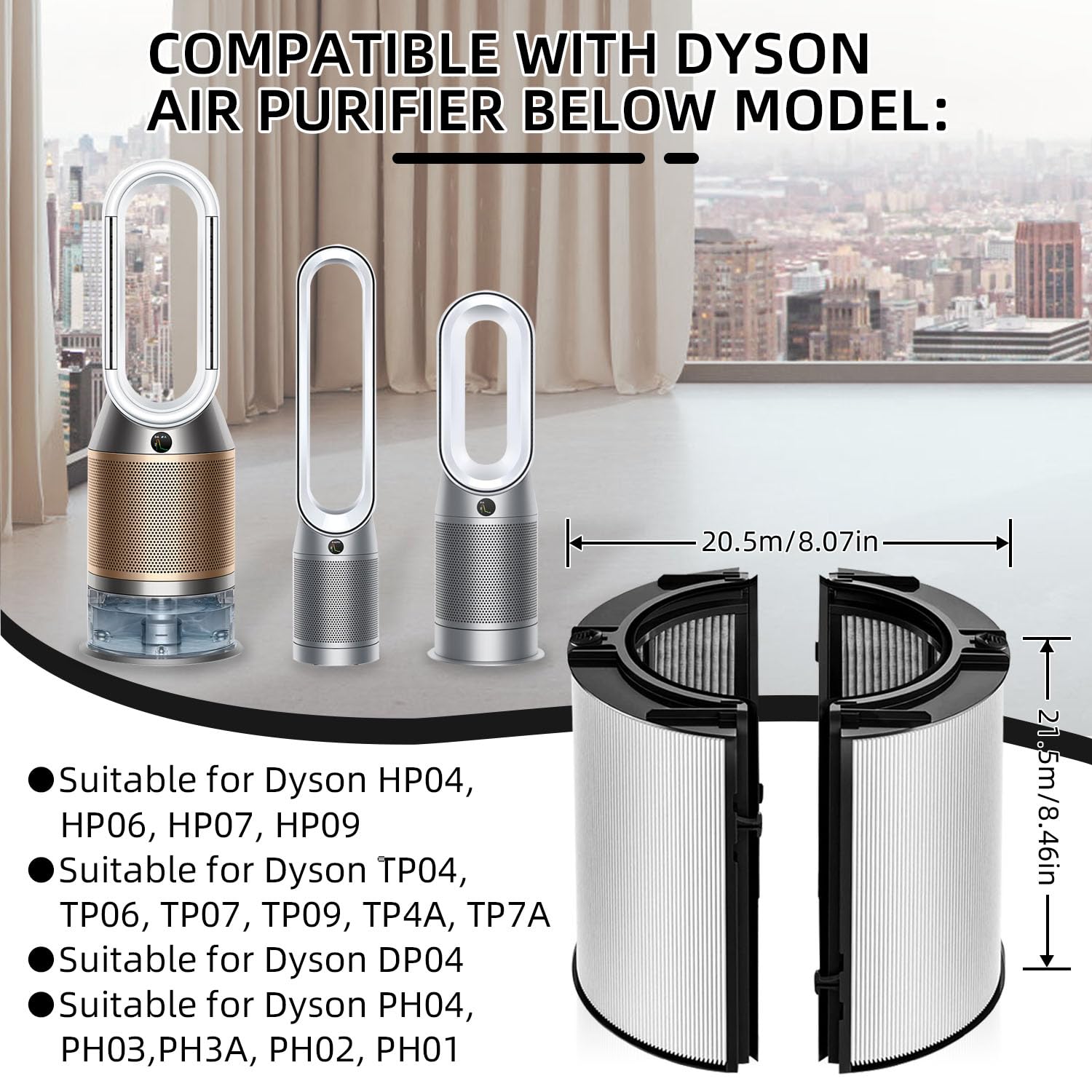 Air Purifier Replacement Filter Compatible with Dyson HP04 TP04 DP04 PH04 HP09 TP09 HP07 TP07 PH03 PH01, HEPA Activated Carbon Air Purifying Filter